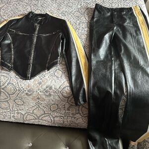 Waydamin Black and Yellow Leather Jacket and Pants Set